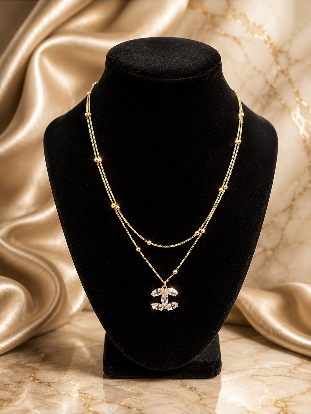Gold Crystal CC Pendant Layered Necklace